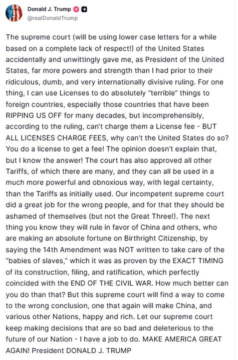 واکنش تند ترامپ به حکم دیوان عالی آمریکا علیه سیاست‌های تعرفه‌ای وی