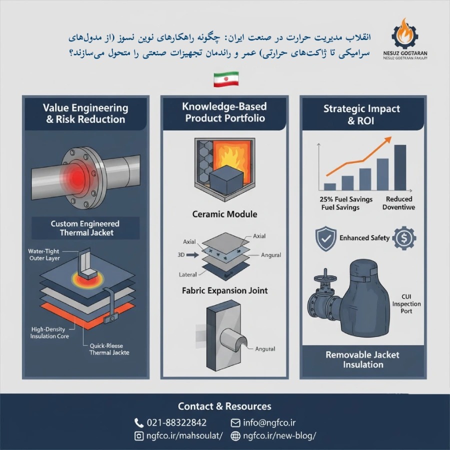 🧱🔥 انقلاب مدیریت حرارت در صنعت ایران: چگونه راهکارهای نوین نسوز (از مدول‌های سرامیکی تا ژاکت‌های حرارتی) عمر و راندمان تجهیزات صنعتی را متحول می‌سازند؟