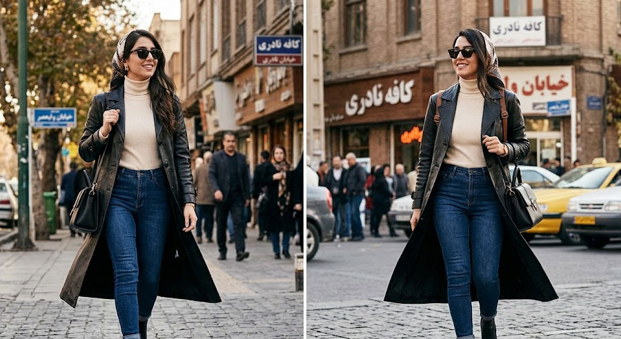 استایل خیابانی زنانه شیک با پالتوی چرم بلند مشکی